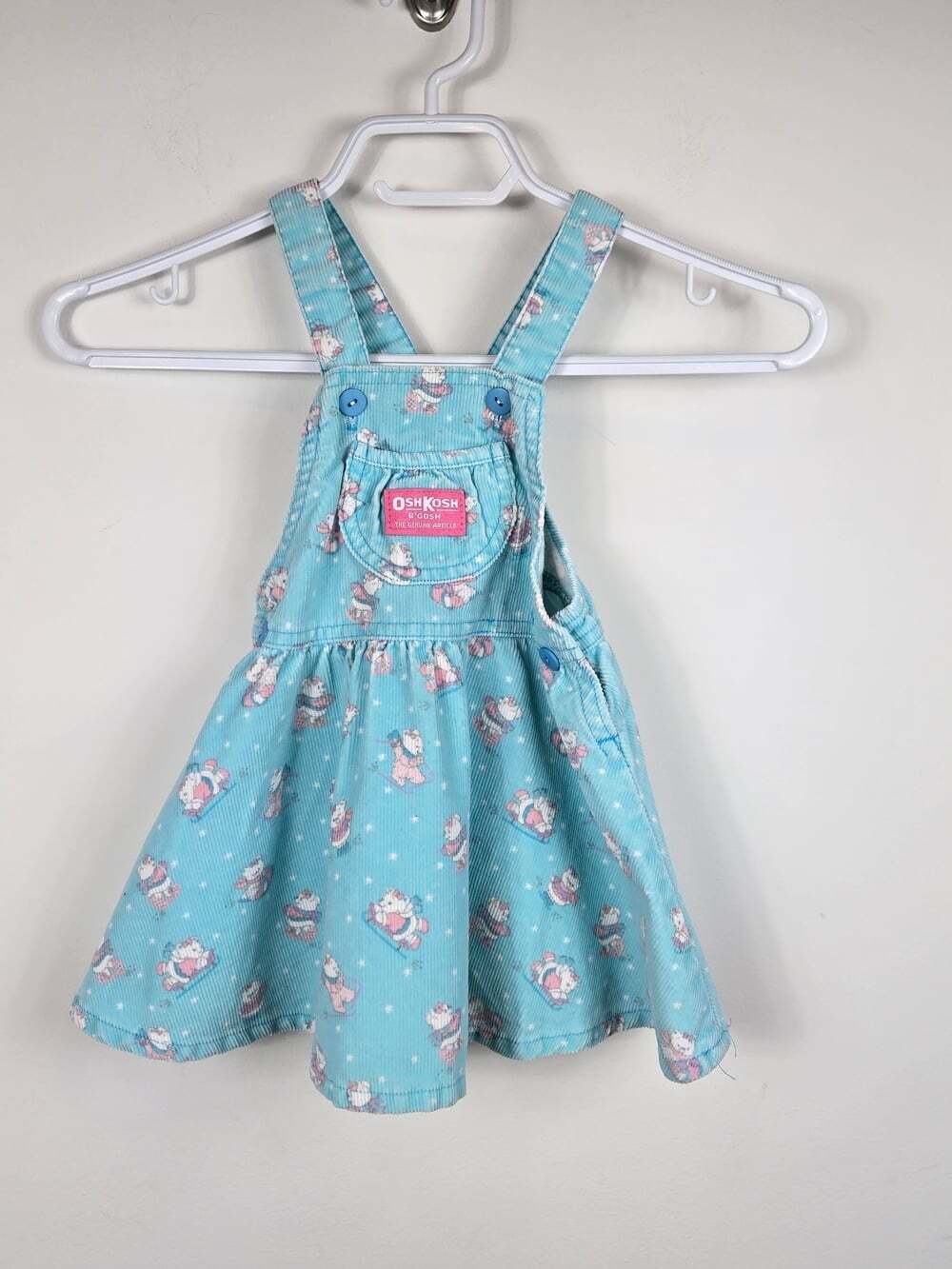 Vintage OshKosh B'Gosh Corduroy Jumper Dress 2T Teddy Bear Sleigh Print Made USA - Picture 2 of 8